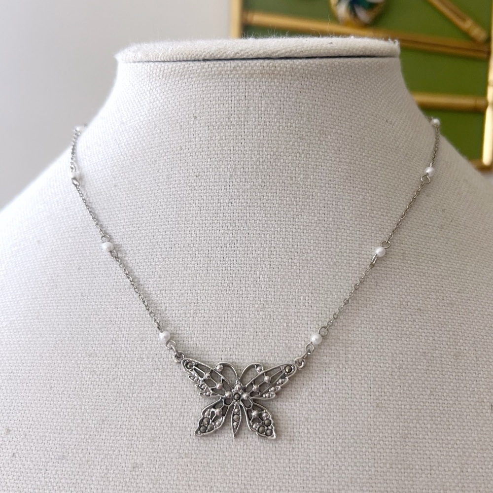 1928 Jewelry Butterfly Necklace Silver Tone with Marcasite & Faux Pearls 00s Y2K